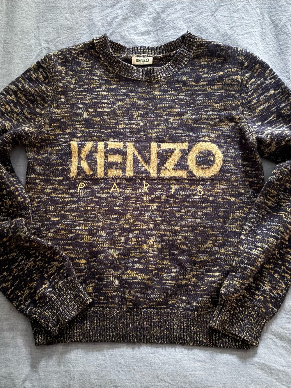 KENZO PARIS Multicolor Gold Logo Melange Wool Blend Knit Sweater